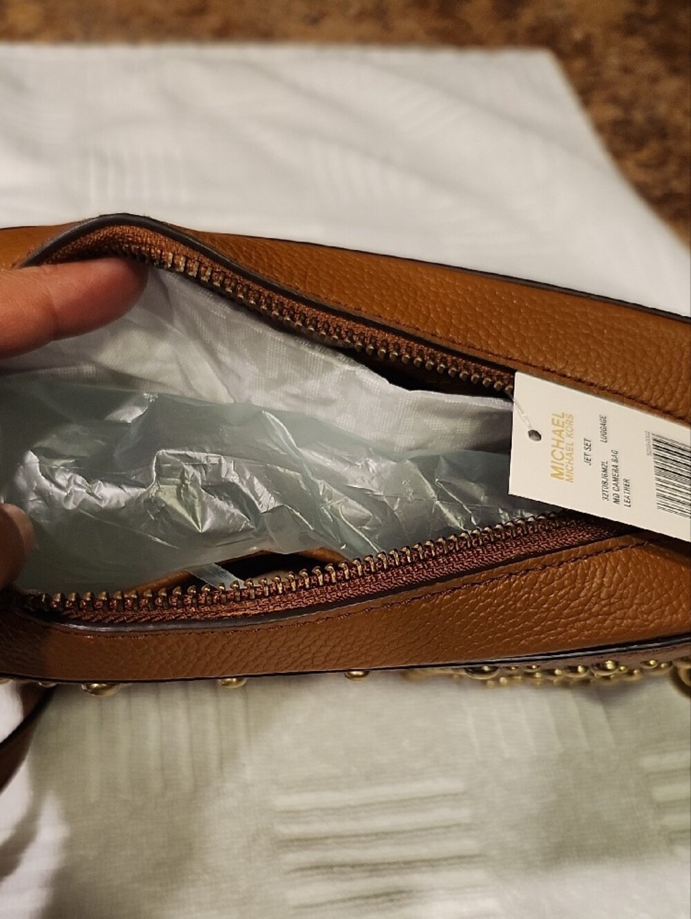 Michael Kors Tan Studded Leather Crossbody with Tassel - Picture 7 of 10